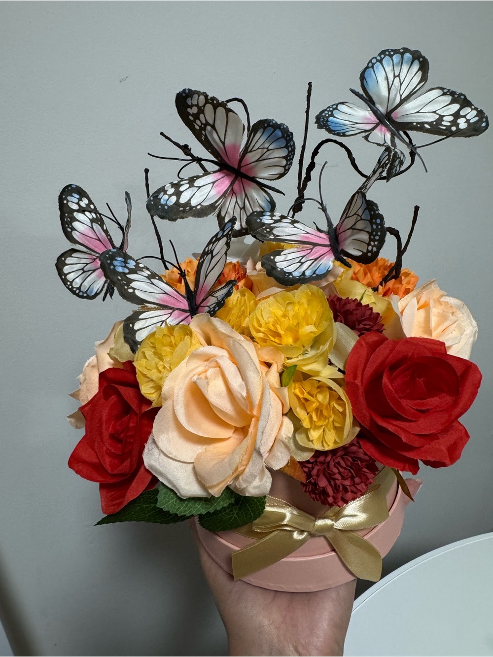 Elegant Pink Hatbox Floral Arrangement with Butterflies